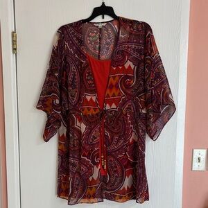 Vintage CAbi Sheer Paisley Tie-Front Kimono in Purple, Burgundy & Orange
